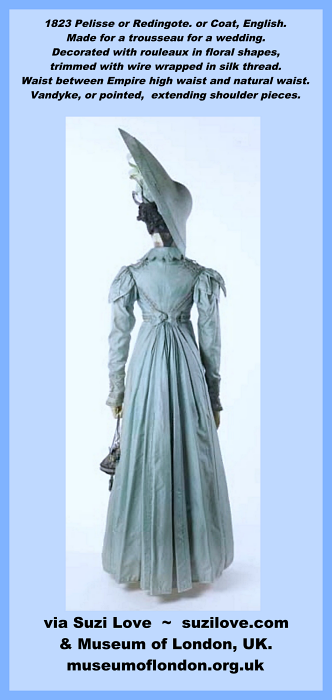 1823 Blue Pelisse Or Redingote, British. Made for a trousseau for a wedding. via Museum of London.