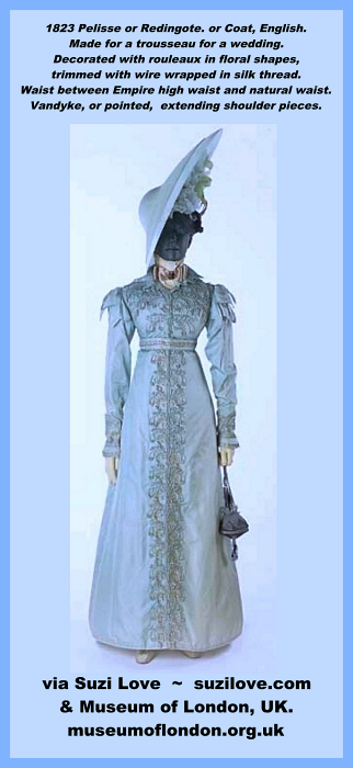 1823 Blue Pelisse Or Redingote, British. Made for a trousseau for a wedding. via Museum of London.