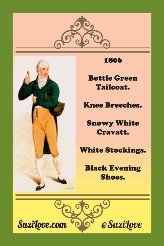 1806 Gentleman's Daily Outfit, French. Bottle green tailcoat, knee breeches, snowy white cravat, white stockings, flat black shoes. Fashion Plate via Journal des Dames et des Modes, or Costume Parisien.