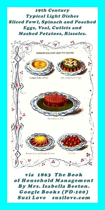 food_19th Century Typical Light Dishes. Sliced Fowl, Spinach and Poached eggs, Veal, cutlets and Mashed Potatoes, Rissoles. via 1863 The Book of Household Management By Mrs. Isabella Beeton. Google Books (PD-100)