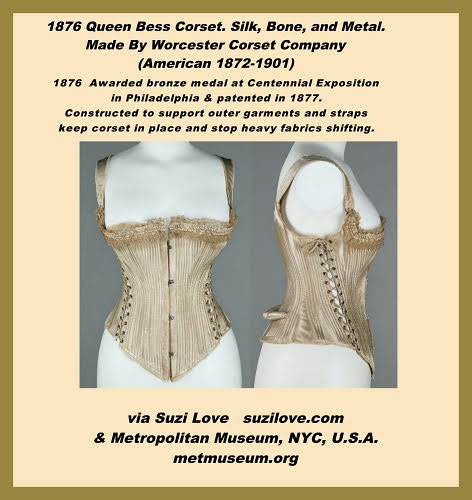 corset_1876 ‘Queen Bess’ Corset By Worcester Company, American. Made of silk, bone, and metal.