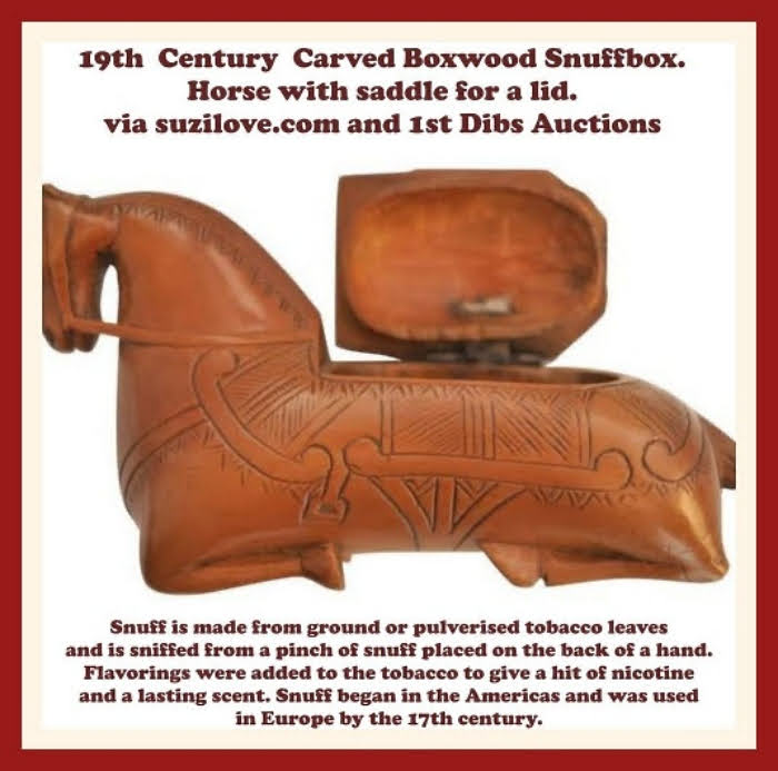 Box_Snuff_19th Century Carved Boxwood Snuffbox. Horse with saddle for a lid. via 1st Dibs Auctions