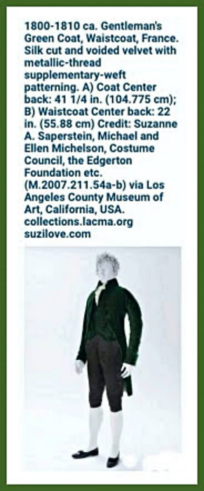 1800-1810 ca. Gentleman's Green Coat and Waistcoat, France. Front View. via lacma.org