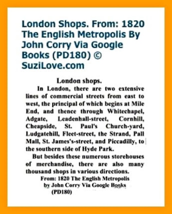 1820 7 London Shops. via The English Metropolis By John Corry. via google books.