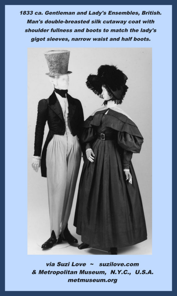 1833 ca. Lady's and Gentleman's Ensembles, British. Man's blue silk cutaway coat, cream waistcoat, and long trousers. via metmuseum.org