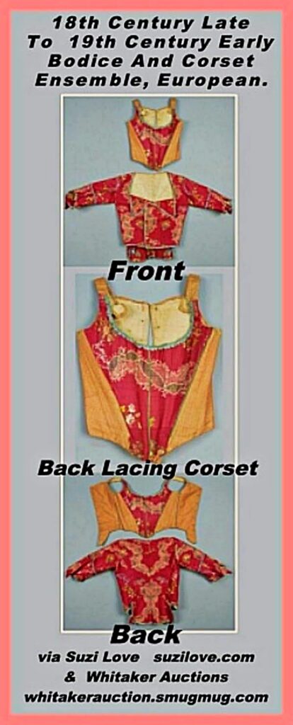 18th Century Late - 19th Century Early  Bodice and Corset Ensemble, European. Cranberry silk faille with polychrome floral brocade, the square-neck bodice having folded front collar, narrow double breast and short sleeve with pleated and pointed cuff, peplum back. Corset front pieced with cranberry brocade and a tan dotted 