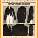 19th Century First Half Gentleman’s Black Tailcoat. Wool broadcloth, triple notch collar, narrow waistband, sleeve tops gathered and uniformly wide to single scallop edge at bottom sleeve, inner tail pockets, death head embroidered buttons, elaborate hand quilted lining with floral patterns in concentric square frames and a “F.M.W.” monogram embroidered at the centre back top in red. via Augusta Auctions augusta-auction.com