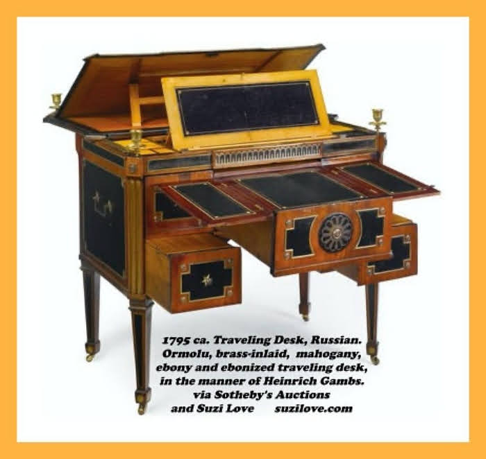 1795 Traveling Desk, Russian. Ormolu-mounted and brass-inlaid mahogany, ebony and ebonized traveling desk, in the manner of Heinrich Gambs. sothebys.com