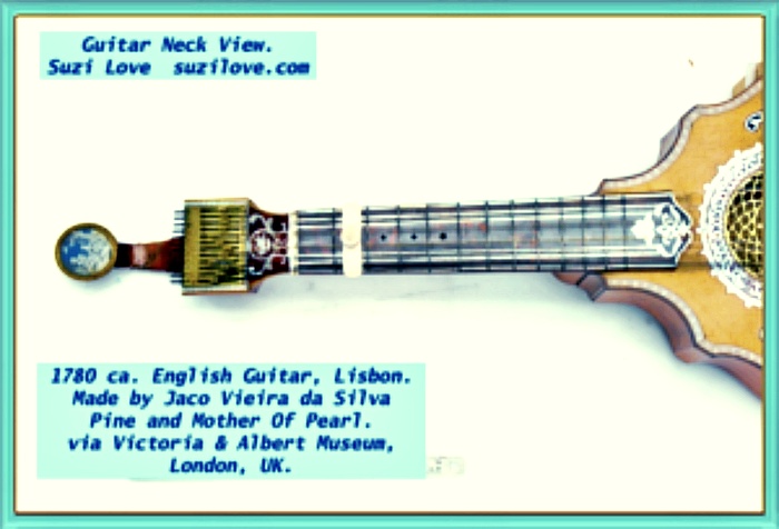 1780 ca. English Guitar, Lisbon, Portugal. Made by Jaco Vieira da Silva Pine back, sides and soundboards, with pine and wood purfling (bordering); brass openwork rose, framed with mother-of-pearl. The English guitar was a fashionable instrument from about 1750, considered easy to play and tuned in C major, although the player would use a capo, much like a modern folk-guitarist, in order to change the key. The tuning pegs were often small metallic pins that could be turned with a watch-key, to keep the strings in tune longer. This instrument was made in Portugal, a country with strong trading links with England, and its peg box is decorated with a paper ‘cameo’ in imitation of a jasper ware medallion, a motif made popular by Josiah Wedgwood (1730-1795) from about 1770. Victoria and Albert Museum, London, U.K.