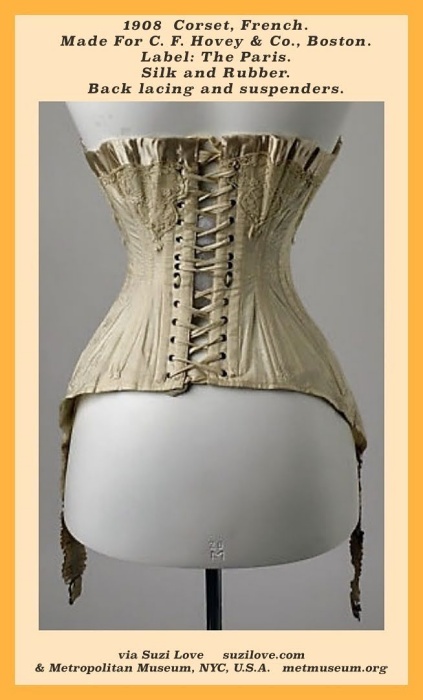 1908 Back Lacing Of Corset, French. Made For C. F. Hovey & Co., Boston. Label: The Paris. Silk and Rubber. Front fastening and back lacing. via Metropolitan Museum, NYC, U.S.A. metmuseum.org