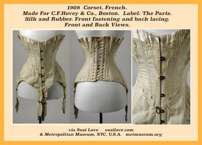 corset_1908 Front Suspenders and Fastenings and Back Lacing Silk and Rubber Corset, French. Front fastening and back lacing. Made For C. F. Hovey & Co., Boston.