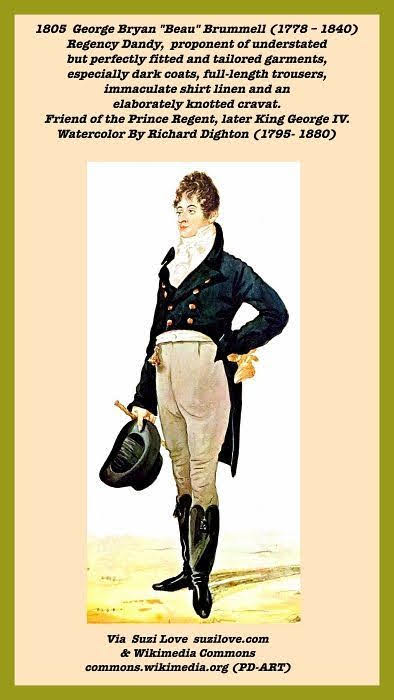 Beau_1805 Beau Brummell (1778-1840) Regency Dandy, proponent of understated but perfectly fitted and tailored garments, especially dark coats, full-length trousers, immaculate shirt linen and an elaborately knotted cravat. Friend of the Prince Regent, later King George IV. Watercolor By Richard Dighton (1795- 1880) Via Wikimedia Commons commons.wikimedia.org (PD-ART)