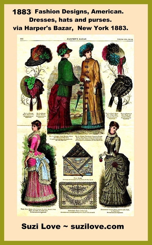 bag_1883 Fashion Designs, American. Dresses hats and purses. Harper's Bazar, New York City.