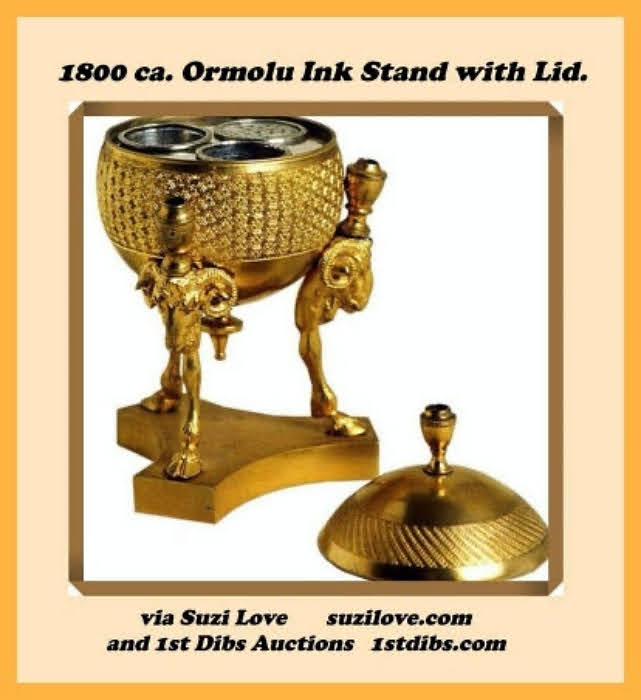 1800 ca. Ormolu Ink  Stand with Lid, French.  Ormolu ink stand in the shape of a globe surrounded by three rams head pen supports with animal legs and hoofs on a tripartite base. The top is removable revealing a silvered compartment with containers for sand and ink. via  1st Dibs Auctions 1stdibs.com 