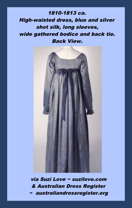 1810-1813 ca. Blue and Silver Shot Silk, Empire style dress, with long sleeves, British. One-piece dress in silver and blue shot silk with a pattern of dark blue flowers. High waist, square back neckline and dropdown bib-front. Bodice interior lined with cream cotton panels. Full-length sleeves have gathered sleeve head and extended cuffs with silk floss-corded trim at band. Five paneled skirt gathered at centre back. Via australiandressregister.org