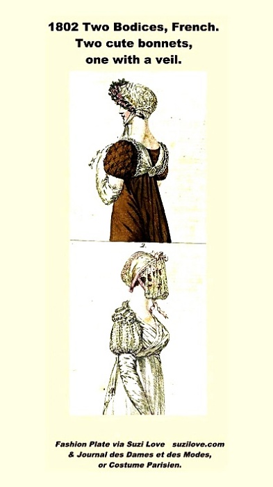 1802 Two Bodices, French. Two bonnets, one with a veil. Fashion Plate via Journal des Dames et des Modes, or Costume Parisien.