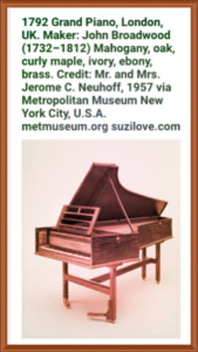 1792 Grand Piano, London, UK. Maker John Broadwood (1732–1812) Mahogany, oak, curly maple, ivory, ebony, brass. Credit: Mr. and Mrs. Jerome C. Neuhoff, 1957 via Metropolitan Museum New York City, U.S.A. metmuseum.org