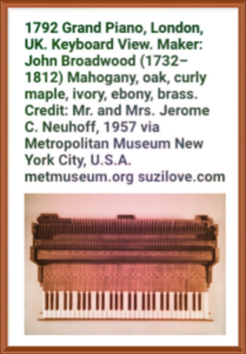 1792 Grand Piano, London, UK. Maker John Broadwood (1732–1812) Mahogany, oak, curly maple, ivory, ebony, brass. Credit: Mr. and Mrs. Jerome C. Neuhoff, 1957 via Metropolitan Museum New York City, U.S.A. metmuseum.org