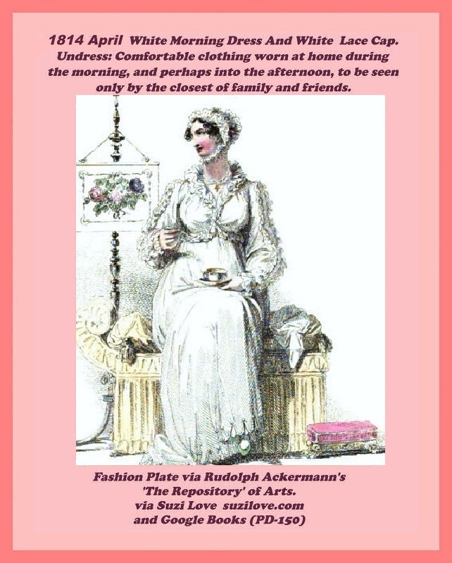 1814 April White Spencer Over Jane Austen Style Morning Dress Of Jaconet Muslin Finished With Vandykes. https://books2read.com/SuziLoveFashion1810-1814