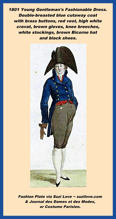 1801 Typical Gentlemen's Fashions for the early Regency Era, or Jane Austen's times.