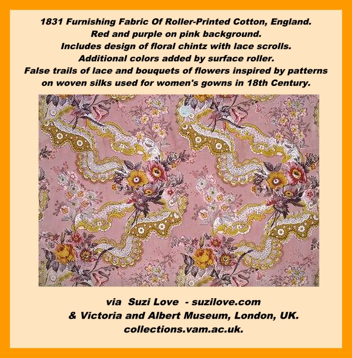 Household_1831 Furnishing Fabric, English. Roller-printed cotton in red and purple_pink background_VAM__sml