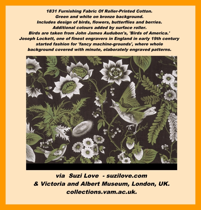 1831 Furnishing Fabric Of Roller-Printed Cotton. Green, red and pinks and Includes acanthus scrolls with stars. Curving lines, naturalistic motifs, leaves and fronds of seaweed based on designs of 1750s. Developments in dyes in 19th century meant designs more intensely decorated than in 18th century. via Suzi Love - suzilove.com & Victoria and Albert Museum, London, UK. collections.vam.ac.uk.