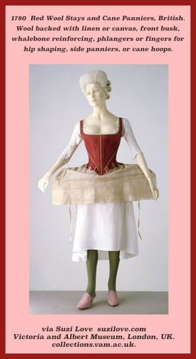 1780 Red Wool Stays, or corset, and Panniers, British. Wool backed with linen or canvas, stitched with linen thread reinforced with strips of whalebone, lined with glazed linen, bound with linen twill tape, fastened with plain weave linen tapes and decorated with silk braid and silk ribbon. Phalanges, or fingers, spread over the hips to give support. Side panniers, or hoops, are made of cane. via Victoria and Albert Museum, London, U.K.
