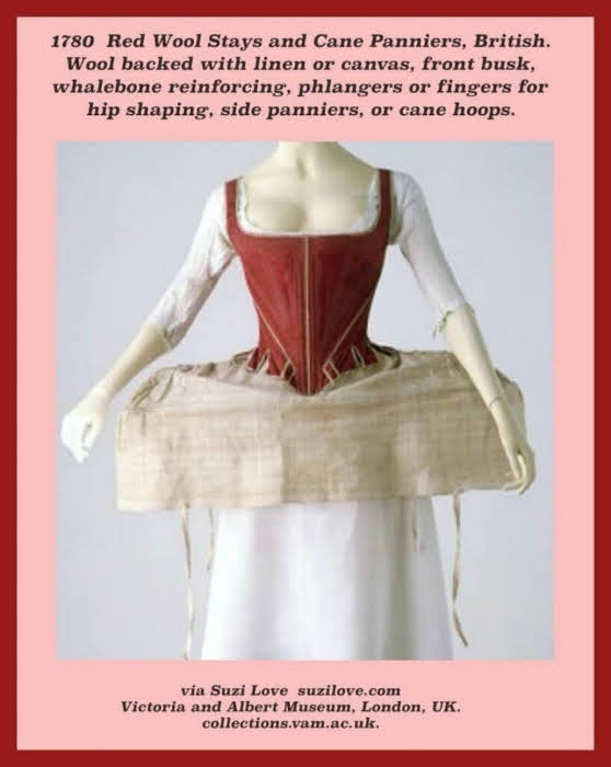 1780 Red Wool Stays, or corset, and Panniers, British. Wool backed with linen or canvas, stitched with linen thread reinforced with strips of whalebone, lined with glazed linen, bound with linen twill tape, fastened with plain weave linen tapes and decorated with silk braid and silk ribbon. Phalanges, or fingers, spread over the hips to give support. Side panniers, or hoops, are made of cane. via Victoria and Albert Museum, London, U.K.