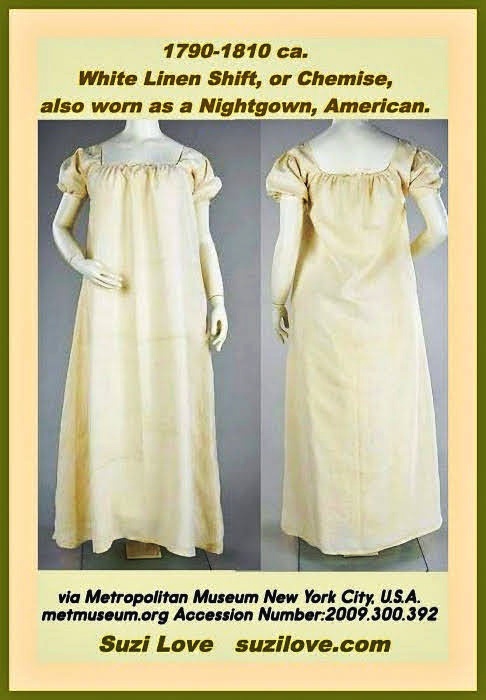 1790-1810 ca. White Linen Shift Or Chemise or Nightgown as would have been worn by Jane Austen and her family and friends. American. via Metropolitan Museum New York City, U.S.A. metmuseum.org 