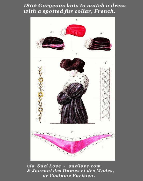 1802 Gorgeous French Hats. Bodice and Trims. To match a blue dress with a spotted fur collar. Fashion Plate via Journal des Dames et des Modes, Costume Parisien. French fashions like this were copied by English magazines so these styles of hats would have been worn by Jane Austen and her contemporaries. https://books2read.com/SuziLoveFashionWomen1801-1804