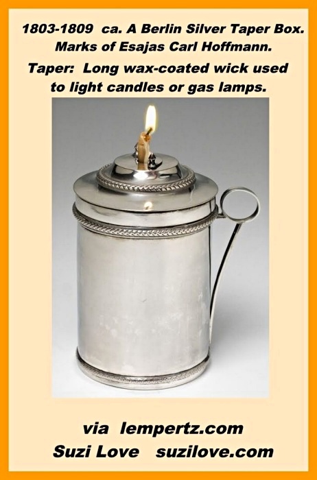 1803-1809 ca. A Berlin silver taper box. Small, ornate container for holding tapers, which are long wax-coated wicks used to light candles or gas lamps. Marks of Esajas Carl Hoffmann, prominent silversmith in early 19th-century Prussia. This is a piece of domestic decorative art from the Regency Era and the Napoleonic period in Germany. 