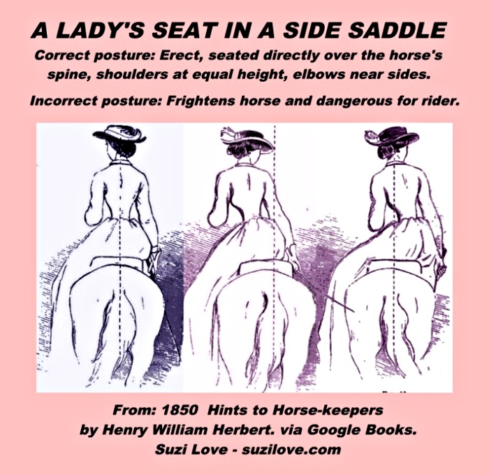 1850_ridng_A LADY'S SEAT IN A SIDE SADDLE

Correct posture: Erect, seated directly over the horse's
spine, shoulders at equal height, elbows near sides. 
Incorrect posture: Frightens horse and dangerous for rider. 

