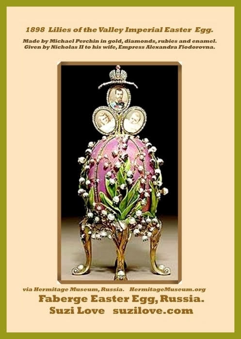 egg_1898_Lilies Of The Valley Imperial Faberge Easter Egg. Made by Michael Perchin. Gold, diamonds, rubies and enamel. 20 cm high opened. Faberge Easter Egg, Russia_Sml