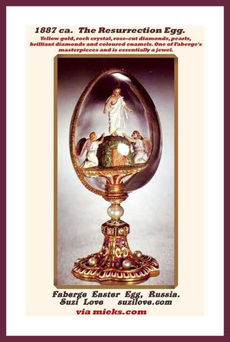 easter_egg_1887 Resurrection Imperial Faberge Easter Egg (1). Yellow gold, rock crystal, rose-cut-diamonds, pearls, brilliant diamonds and various colored enamels