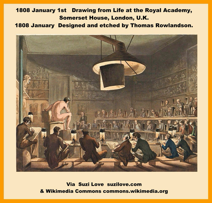 1808 January 1st Drawing from Life at the Royal Academy, Somerset House, London, U.K. The Royal Academy would have held art classes like this in London during Jane Austen's time. Designed and etched by Thomas Rowlandson. Via Wikimedia Commons. commons.wikimedia.org