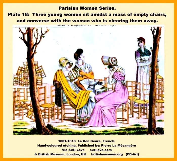 1802-1812 ca. Bored Women at Longchamp Races Series, French. Three young women sit amidst mass of empty chairs and converse with the woman who is clearing them away. Le Bon Genre, Plate 18.