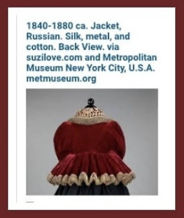 1840-1880 ca. Burgundy and White Jacket, Russian. Silk, metal, and cotton. Brooklyn Museum Costume via suzilove.com and Metropolitan Museum New York City, U.S.A. metmuseum.org