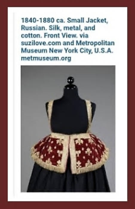 1840-1880 ca. Burgundy and White Jacket, Russian. Silk, metal, and cotton. Brooklyn Museum Costume via suzilove.com and Metropolitan Museum New York City, U.S.A. metmuseum.org
