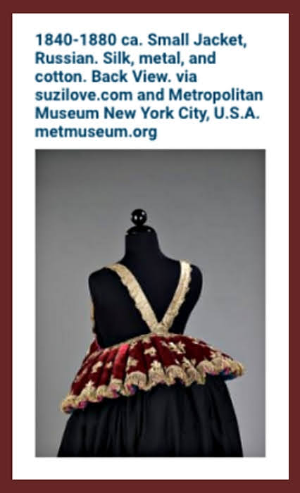 1840-1880 ca. Burgundy and White Jacket, Russian. Silk, metal, and cotton. Brooklyn Museum Costume via suzilove.com and Metropolitan Museum New York City, U.S.A. metmuseum.org
